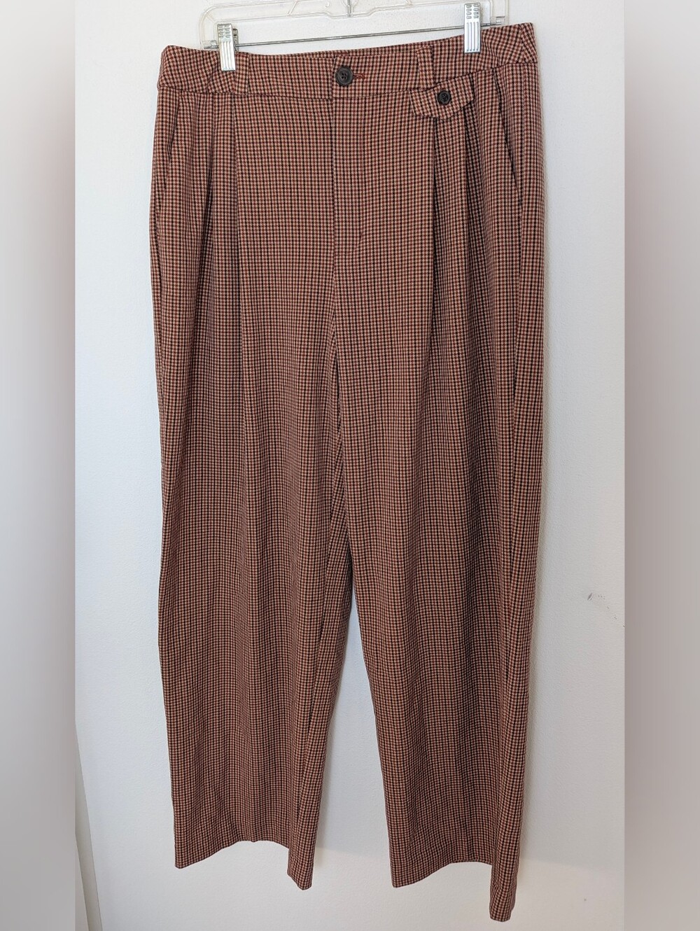 A new Day Women's red Brown Houndstooth wide Leg Pleated Twill Pants 31" Inseam